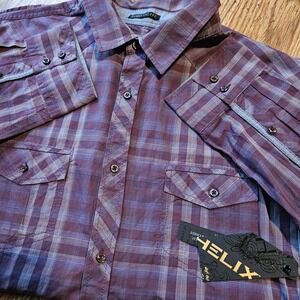 Helix Button Up Shirt Men's Size XL Long Sleeve Purple White Plaid Cotton Blend